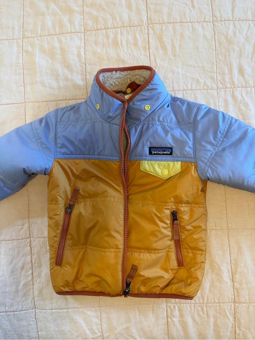 EUC Patagonia Colorblock Puffer Jacket in Light Blue & Mustard